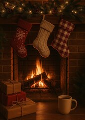 Obraz premium Cozy festive fireplace with stockings.