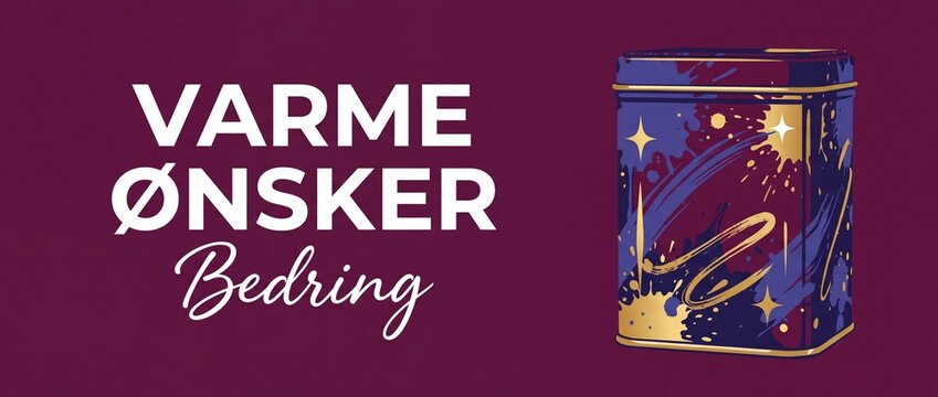 Get well soon greeting card in Norwegian language with decorative tea tin container, featuring warm wishes text, gold paint splatter accents, star cosmic graphics, and purple background packaging desi