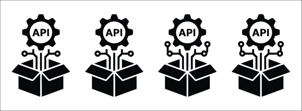 API programming technology icon set, application interface coding software integration and developer tools symbols, minimalist outline vector illustration for digital design