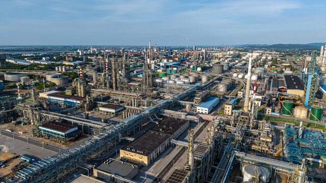 Aerial view of industrial pipelines at petrochemical base, Jiujiang, Jiangxi, China