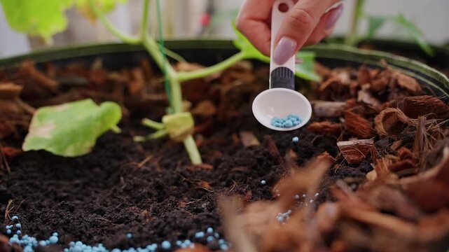 Manicured Hand Sprinkles Blue Fertilizer Pellets Around a Young Vegetable Plant in a Fabric Planter, Close View Supporting Home Gardening and Plant Care