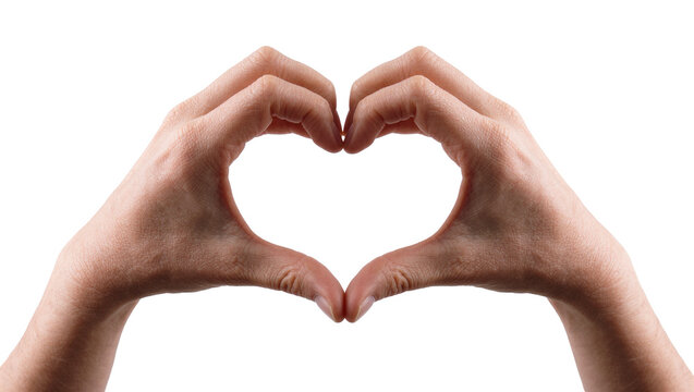 Two human hands forming a heart shape, isolated on transparent background