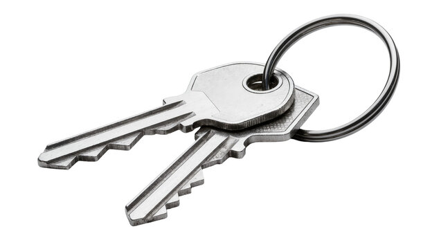 Two silver metal keys on a round keyring, isolated on transparent background