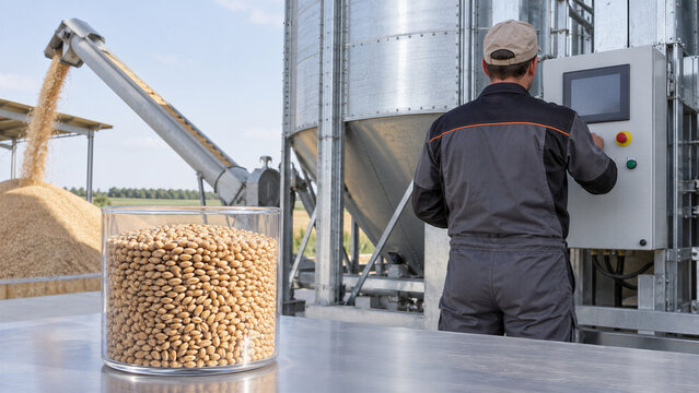 Worker in uniform operates grain elevator control panel while soybeans pour into storage. Glass bowl with soybean grains on steel table in foreground.