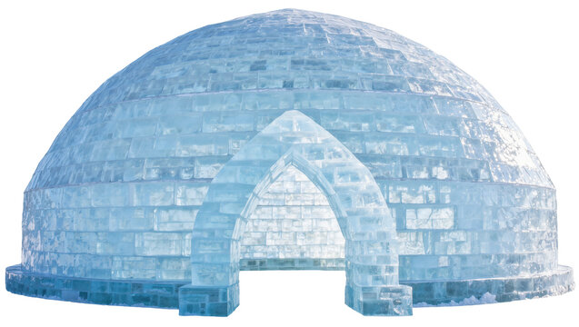 Large igloo structure made of clear ice blocks, isolated on transparent background
