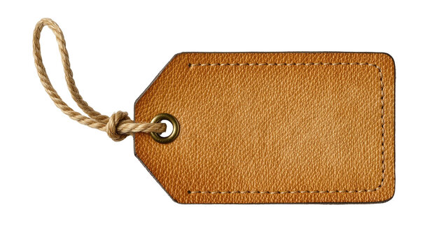 Brown leather luggage tag with rope and metal eyelet, isolated on transparent background
