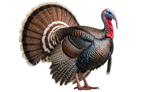 Male wild turkey with fanned tail feathers, isolated on transparent background