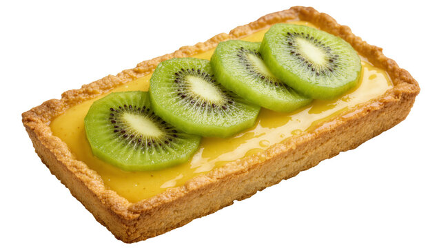 Rectangular lemon tart with fresh kiwi slices, isolated on transparent background