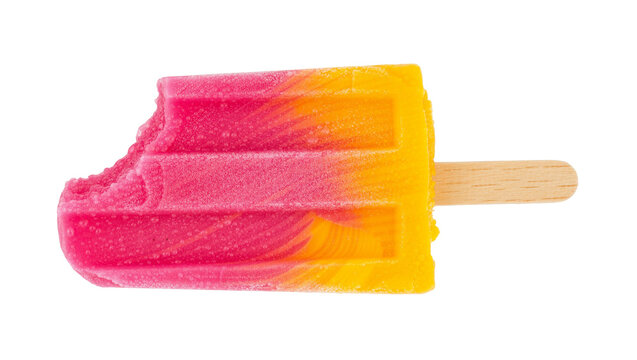 Bitten pink and orange popsicle with wooden stick, isolated on transparent background