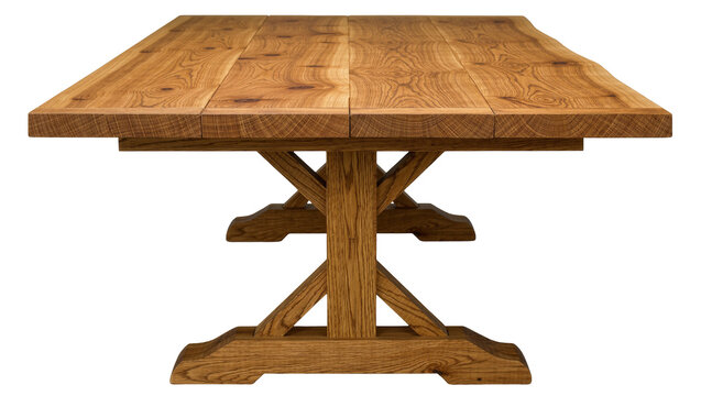 Rustic wooden dining table with trestle legs, isolated on transparent background