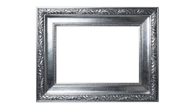 Ornate silver picture frame with decorative carvings, isolated on transparent background