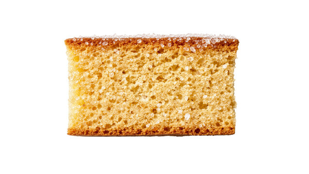 Golden sponge cake slice with granulated sugar topping, isolated on transparent background