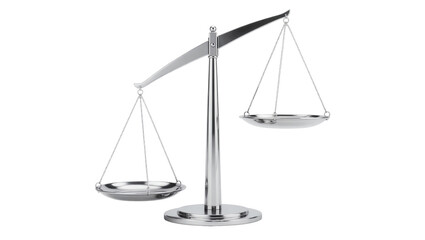 Obraz premium Shiny chrome balance scale with empty pans, isolated on transparent background