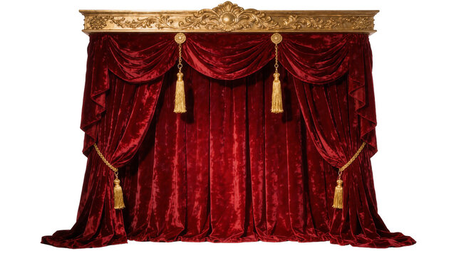 Luxurious red velvet stage curtains with ornate gold trim and tassels, isolated on transparent background