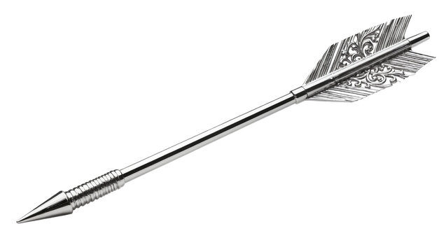 Ornate silver arrow with engraved fletching, isolated on transparent background