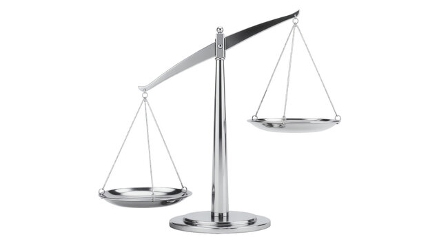 Shiny chrome balance scale with empty pans, isolated on transparent background