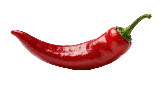 Glossy red chili pepper with green stem, isolated on transparent background