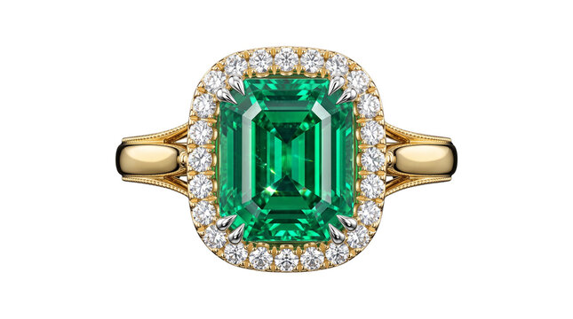 Emerald engagement ring in yellow gold, luxury diamond halo jewelry, elegant emerald cut gemstone ring for wedding isolated PNG with Transparent Background