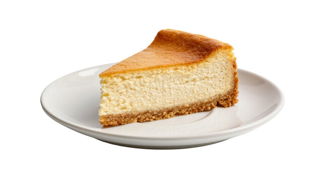 Golden brown baked cheesecake slice with graham cracker crust, isolated on transparent background