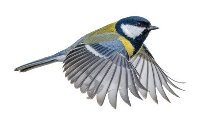 Great tit bird with spread wings in flight, isolated on transparent background © Niamh