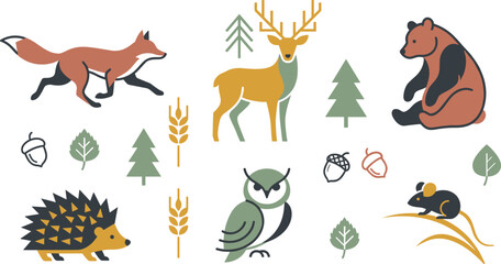 Fototapeta premium Woodland Wildlife Illustration Collection Featuring Fox, Deer, Bear, Hedgehog, Owl, Mouse, Trees, Leaves, Acorns, and Wheat