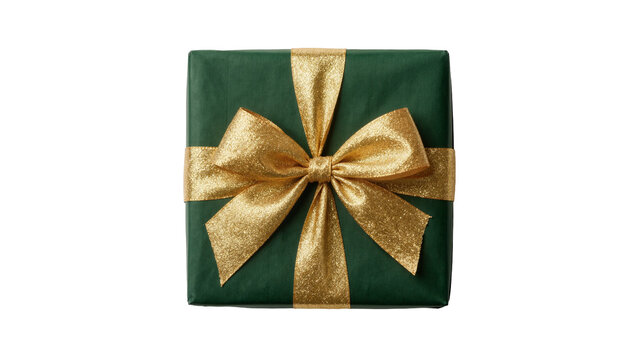 Square green gift box with golden glitter ribbon and bow, isolated on transparent background