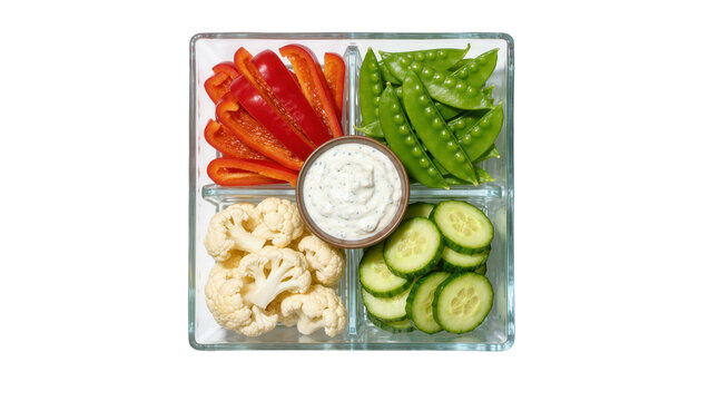 Fresh vegetable platter with creamy dip, isolated on transparent background
