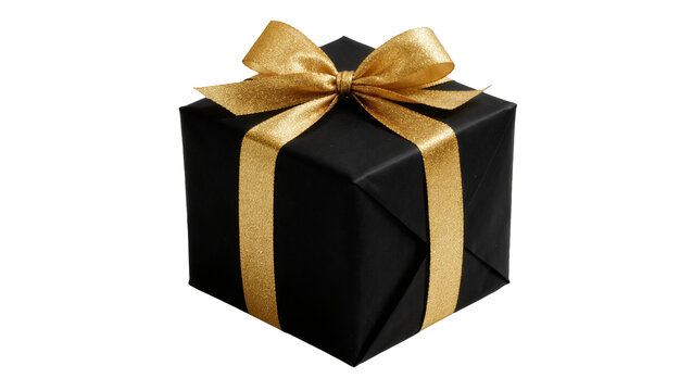 Elegant black gift box with shiny gold ribbon and bow, isolated on transparent background