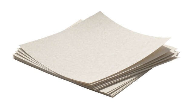 Stack of beige textured paper sheets, isolated on transparent background