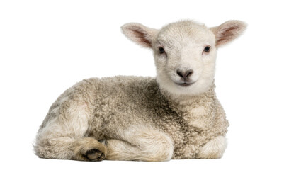 Fototapeta premium Fluffy young lamb resting peacefully, isolated on transparent background