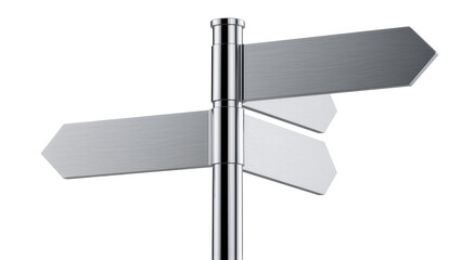 Brushed metal directional signpost with multiple blank arrow signs, isolated on transparent background © Niamh
