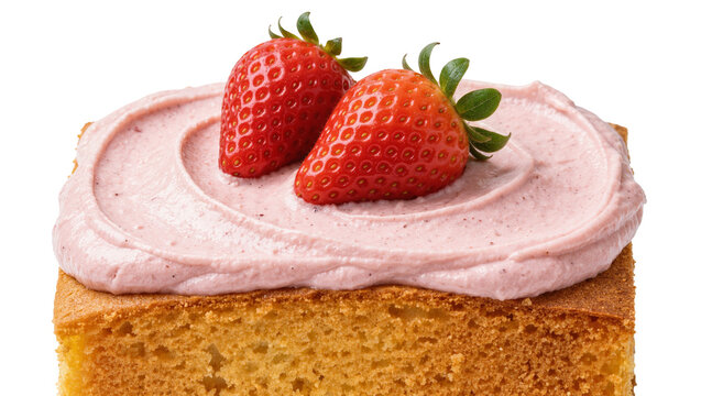 Golden sponge cake slice with pink strawberry frosting and fresh strawberries, isolated on transparent background