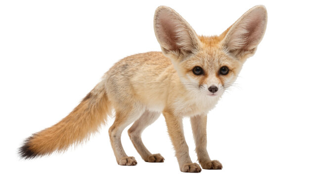 Small fennec fox with large ears standing, isolated on transparent background