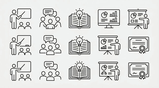 Training education icons for business workshop and learning