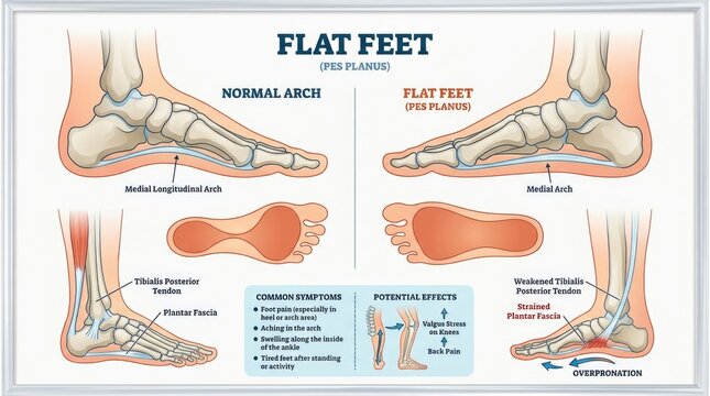 Podiatric medicine diagram: flat foot, clinical orthopedics, human anatomy, health infographic, medial arch, sole print, tendon strain, bone structure, pain symptom, joint alignment.