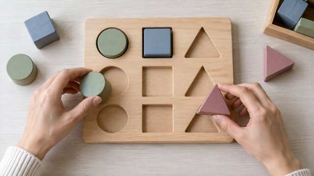 Woman hands solving wooden shape sorter puzzle with geometric blocks on table. Cognitive training game for adult brain and memory. Dementia prevention and mental exercise concept.