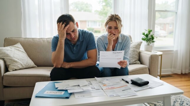 A worried couple facing financial stress and debt while looking at paperwork at home.