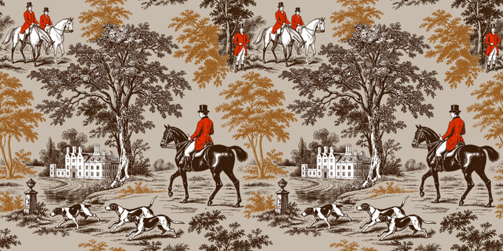 Seamless vintage Toile de Jouy pattern with equestrian riders, hunting hounds, manor house and countryside landscape. Vintage engraving style illustration.
