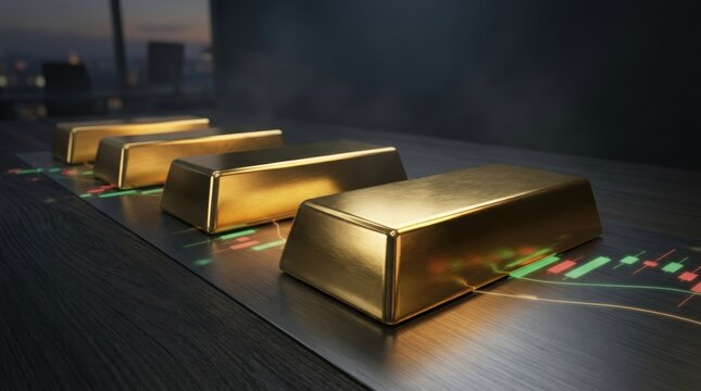 Four gold bars lined up on a dark surface with financial trading charts.
