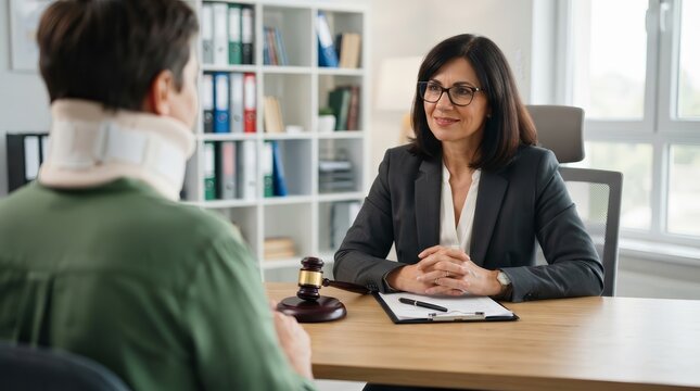 Professional lawyer discussing legal documents and insurance with an injured client in an office.