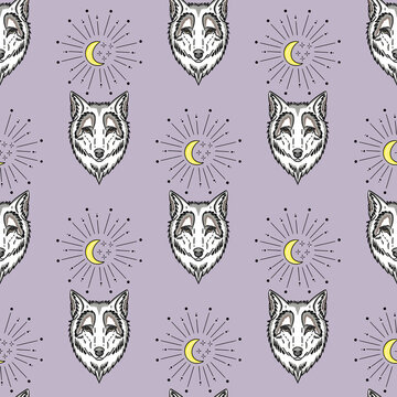 Celestial Wolf and Moon hand drawn illustration repeating pattern