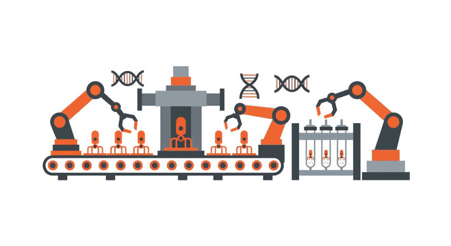 Futuristic Automated Bioengineering Laboratory with Robotic Arms Assembling Synthetic Humans