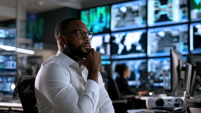 Male software developer writing code on dual monitors in open plan tech office with colleagues working in background