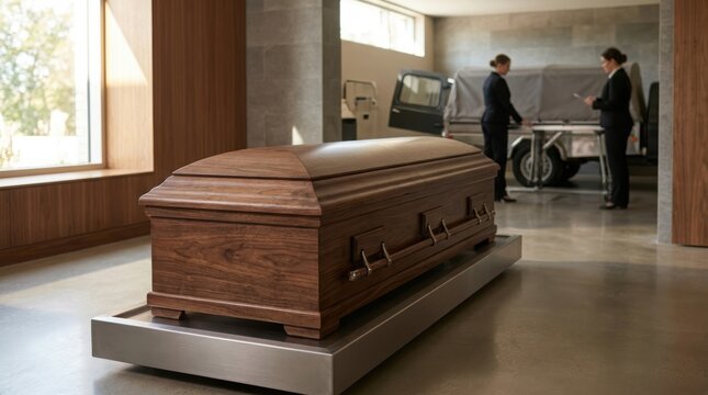 Wooden coffin on a platform in a modern crematorium with funeral directors in the background.