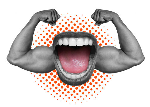 The design shows muscular arms flexing with a large mouth open in a loud expression. The background is transparent, allowing for versatile use in various contexts.