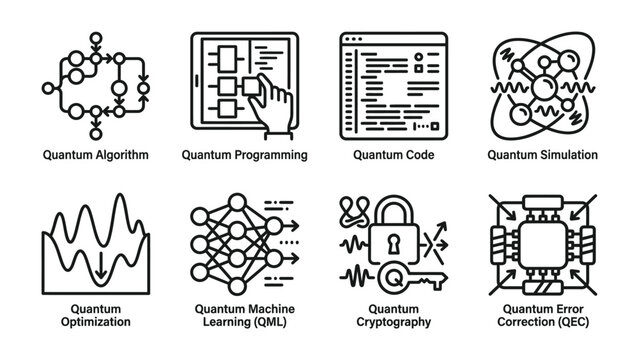 Quantum Computing Icons: A set of minimalist line art icons illustrating various concepts within the field of quantum computing, including algorithms, programming, code, simulation, optimization.