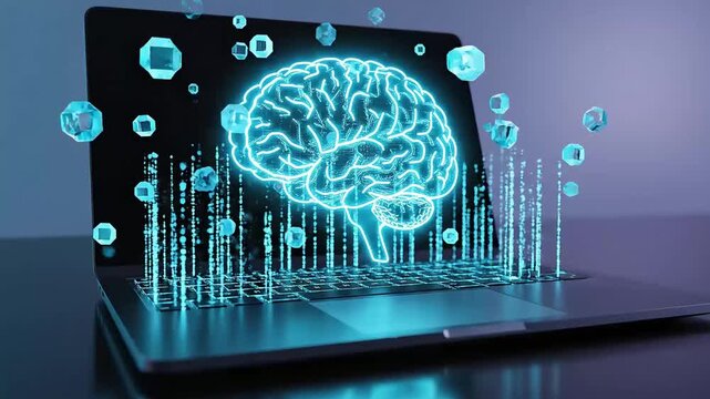 Futuristic Holographic Brain Emerging from Laptop