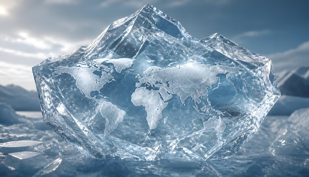 World map frozen inside an iceberg symbolizing environmental crisis and global warming