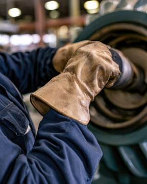 Industrial worker leather glove navy coverall machinery maintenance closeup