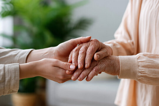 Young adult female gently holds the hands of an elderly woman, showcasing a moment of connection in a softly lit indoor setting with greenery in the background